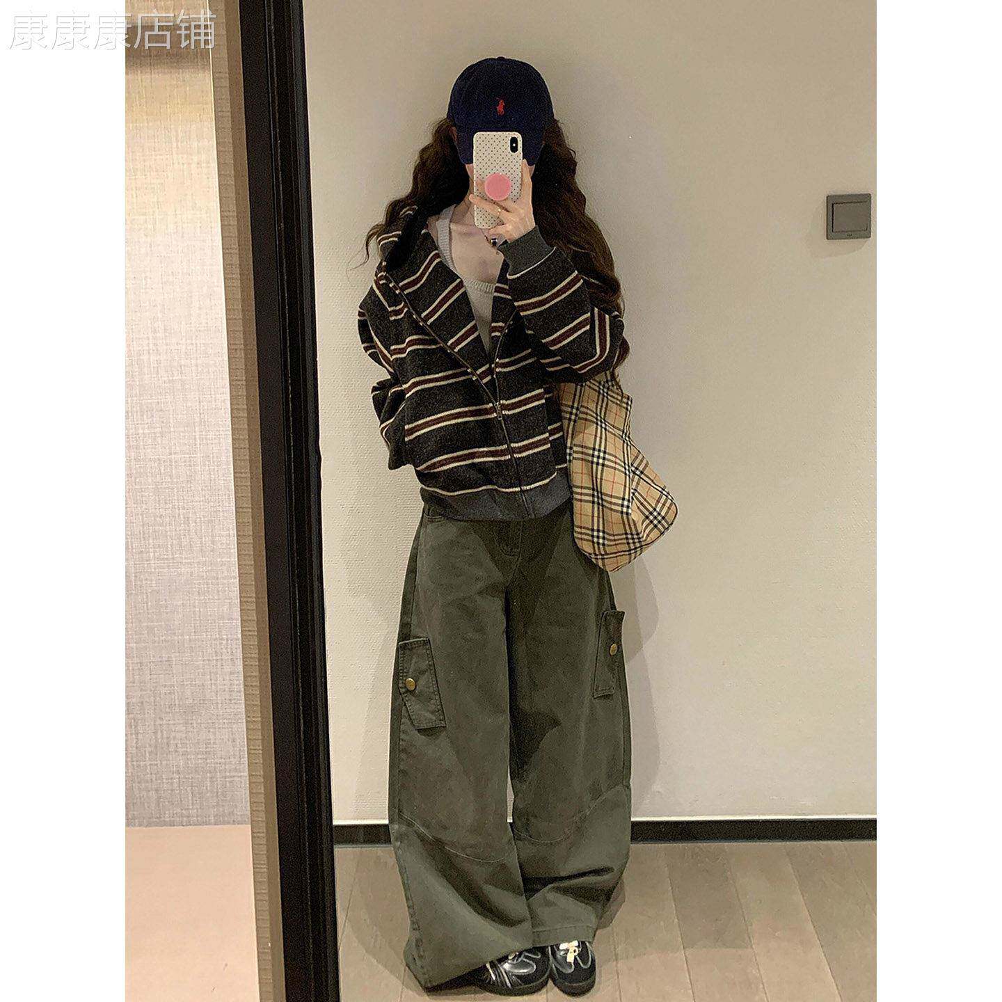 条纹拉链卫衣女秋冬季2026新款大码胖mm气质修身显瘦休闲开衫外套