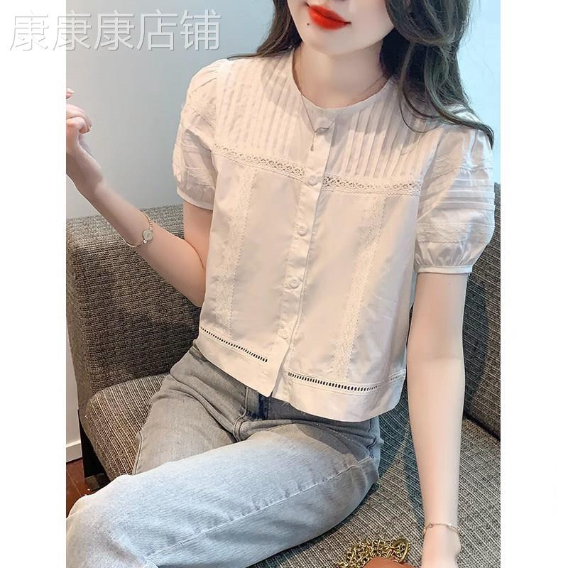 短款泡泡袖T恤女夏季2026新款小个子正肩短袖小衫女白色雪纺上衣