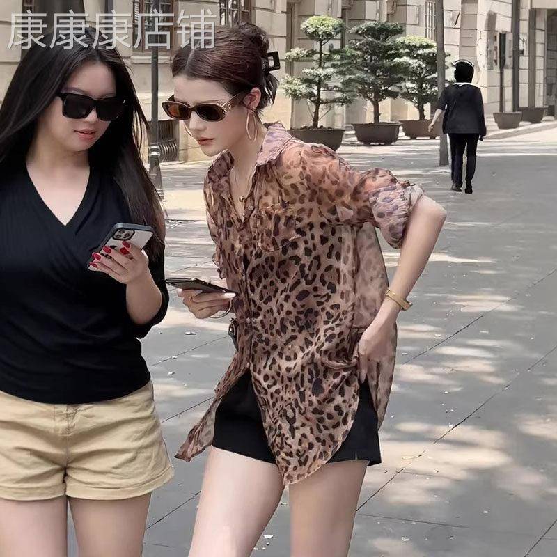 复古豹纹雪纺防晒衬衫女夏季欧货宽松设计感小众洋派小衫休闲上衣