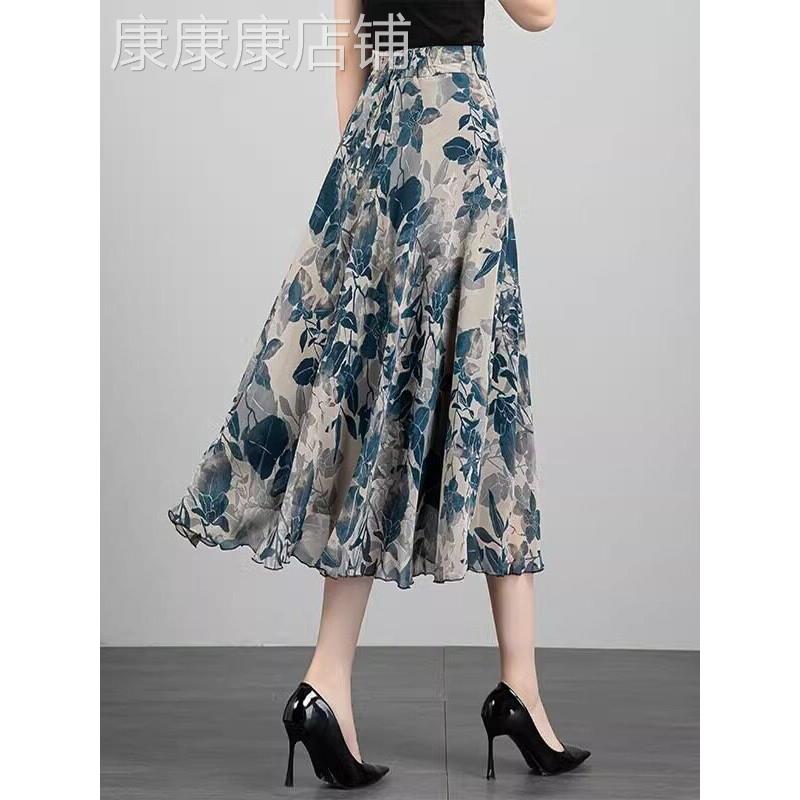2025夏季新款印花半身裙女雪纺中长款a字裙大码高腰显瘦遮胯舞裙
