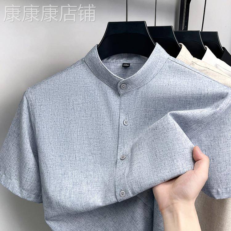 MK正品亚麻速干短袖衬衫男夏季2026新款高端凉感透气男士休闲上衣