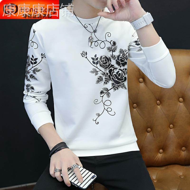 长袖T恤男圆领春秋季2025新款纯棉打底小衫印花潮牌薄款男士厚T恤