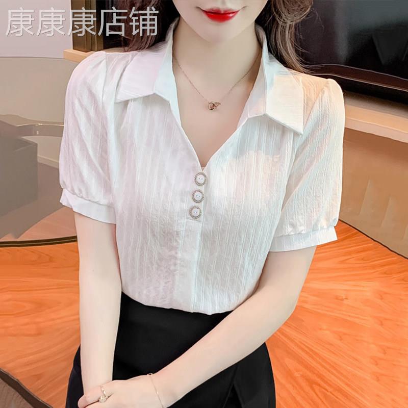 白色短袖衬衫女夏季2026新款宽松显瘦小衫设计感气质雪纺翻领上衣