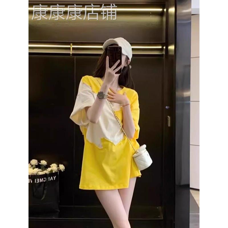 潮牌2626黄色t恤女中长款宽松新款洋气独特设计感小众多巴胺穿搭