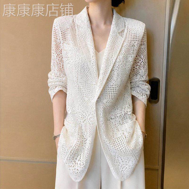 复古镂空西装外套女2026秋季新款大码休闲气质高级感蕾丝西服上衣