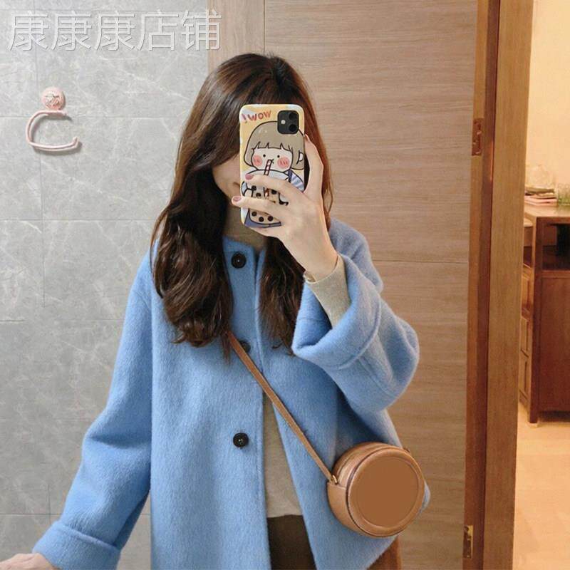 蓝色双面羊毛呢子大衣女25冬季新款高级感短款独特超好看毛呢外套
