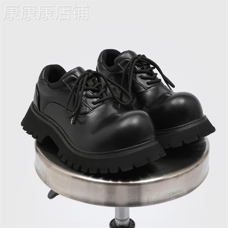 黑色厚底德比鞋男女情侣大头翘头增高皮鞋休闲板鞋