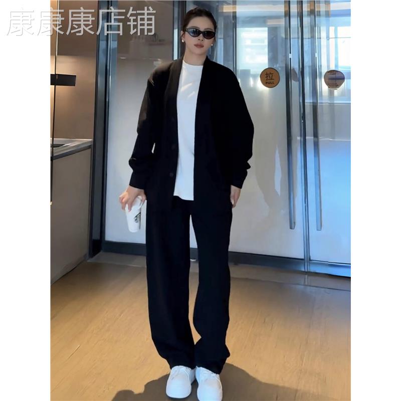 潮牌复古慵懒风休闲套装男士秋季纯色开衫外套阔腿直筒裤两件套潮