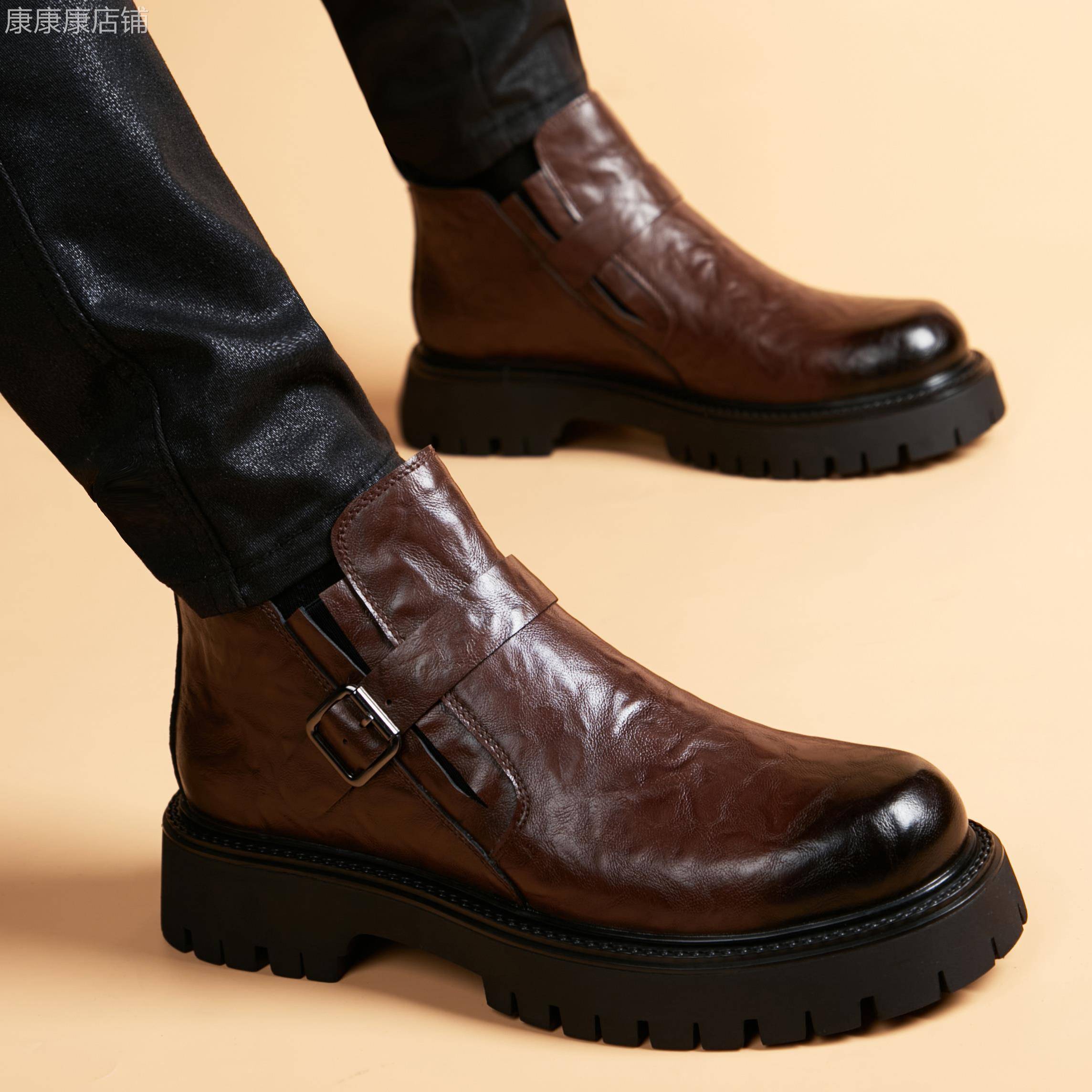 高端新款马丁靴男真皮厚底切尔西短靴套脚皮靴内增高加绒高帮皮鞋