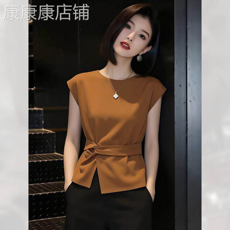 复古衬衫圆领收腰显瘦女夏季2026年新款漂亮绝美轻奢短袖上衣小衫