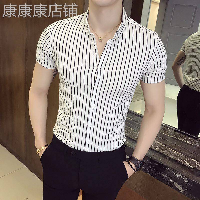 潮牌夏季竖条纹短袖衬衫男韩版修身英伦青年衬衣商务休闲半袖寸衫