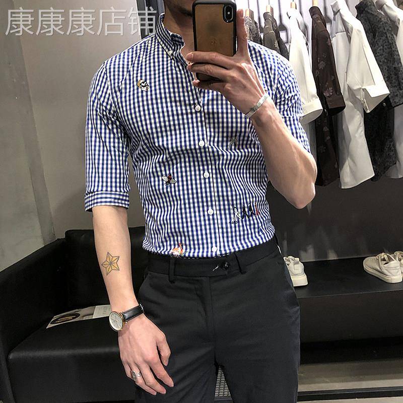 夏季英伦格子衬衫男短袖韩版潮流五分袖刺绣寸衫修身帅气休闲衬衣