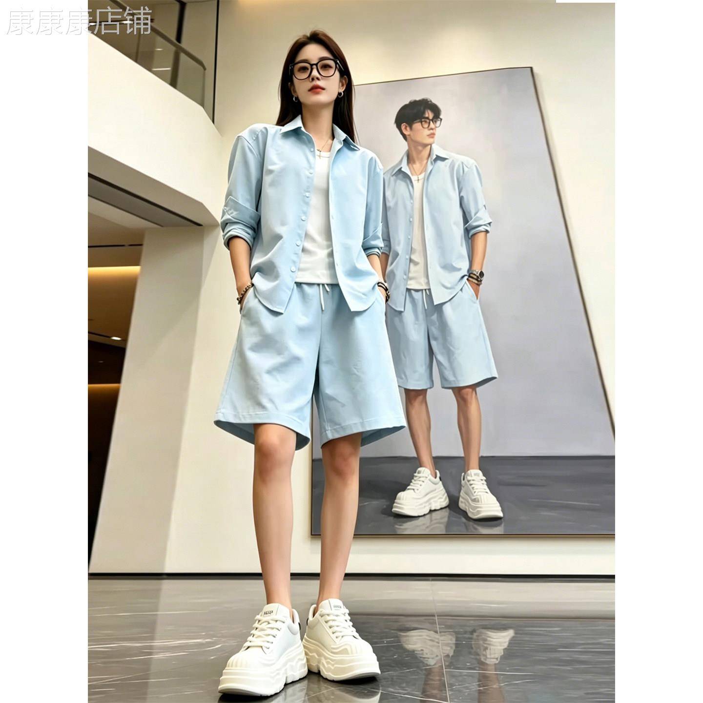 潮牌高级感时尚休闲唐装男士夏季痞帅薄款长袖衬衫搭配短裤一整套