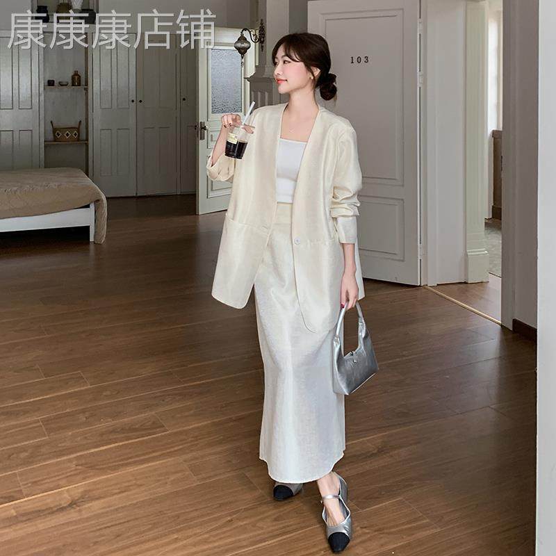 白色高级感西装套装女2025新款春季极简风大方得体穿搭裙子两件套