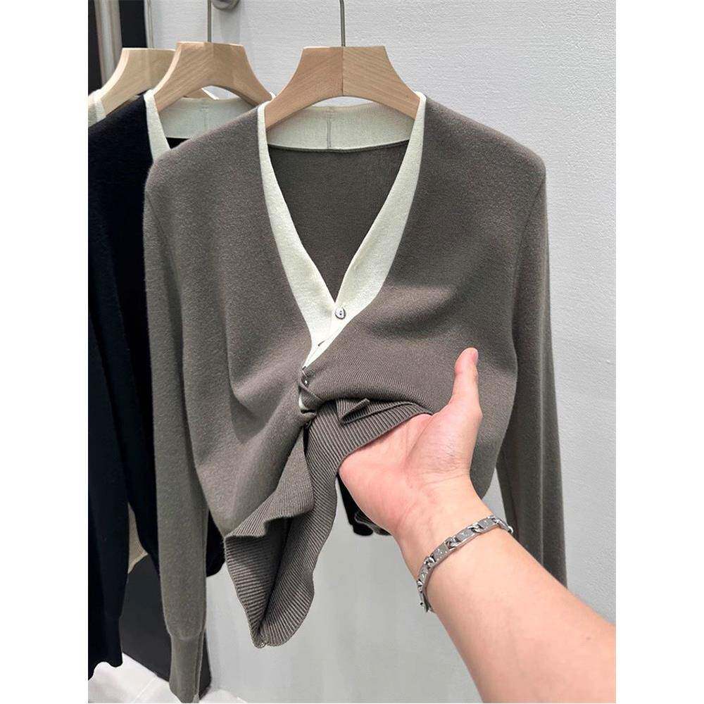 欧货2025春秋新款撞色针织衫女V领长袖设计感假两件薄款开衫外套