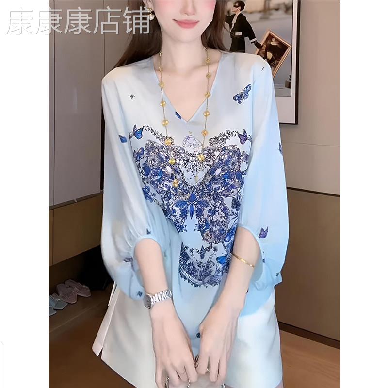 V领雪纺衬衫女夏季2026新款时尚百搭蝴蝶印花气质减龄七分袖上衣