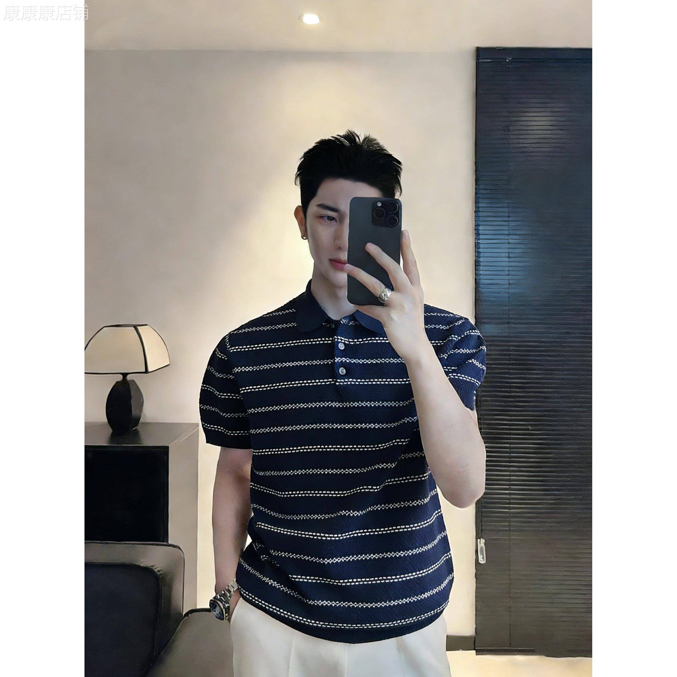 潮牌菠萝格纹理针织短袖男翻领休闲夏季透气条纹撞色POLO衫T恤潮