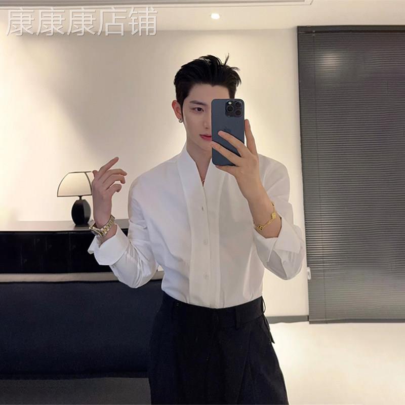 潮牌法式V领垫肩白色长袖衬衫男春秋季高级感雅痞风西装无领衬衫
