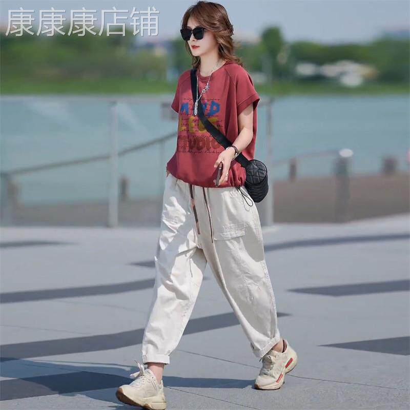 潮牌时尚套装女2026夏季印花短袖T恤+休闲宽松哈伦裤两件套洋派潮