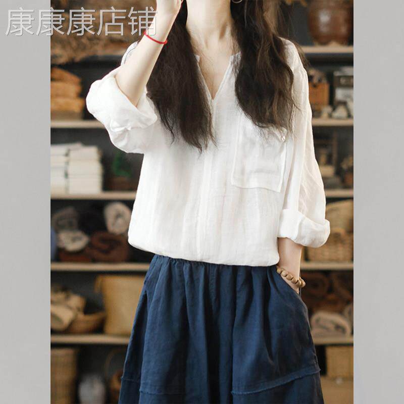 长袖宽松白色衬衫春季新款女减龄上衣V领休闲独特别致超好看衬衣