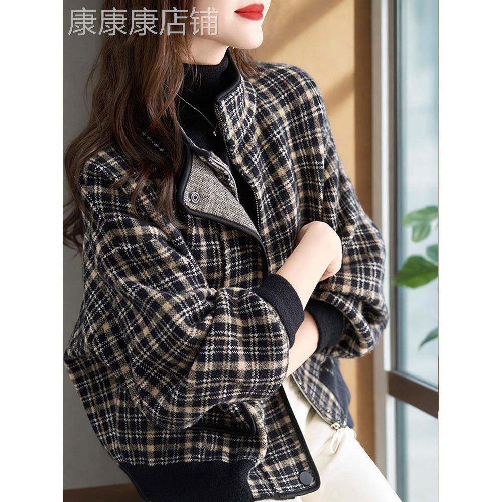 格子毛呢外套女秋冬2025新款时尚短款棒球服气质显瘦妈妈立领上衣