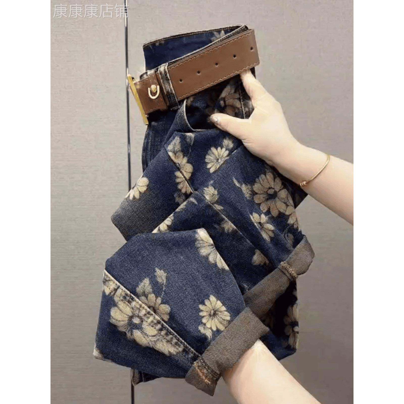 SPYB大花印染加绒牛仔裤女秋冬季小个子高腰显瘦覆古时尚哈伦裤子