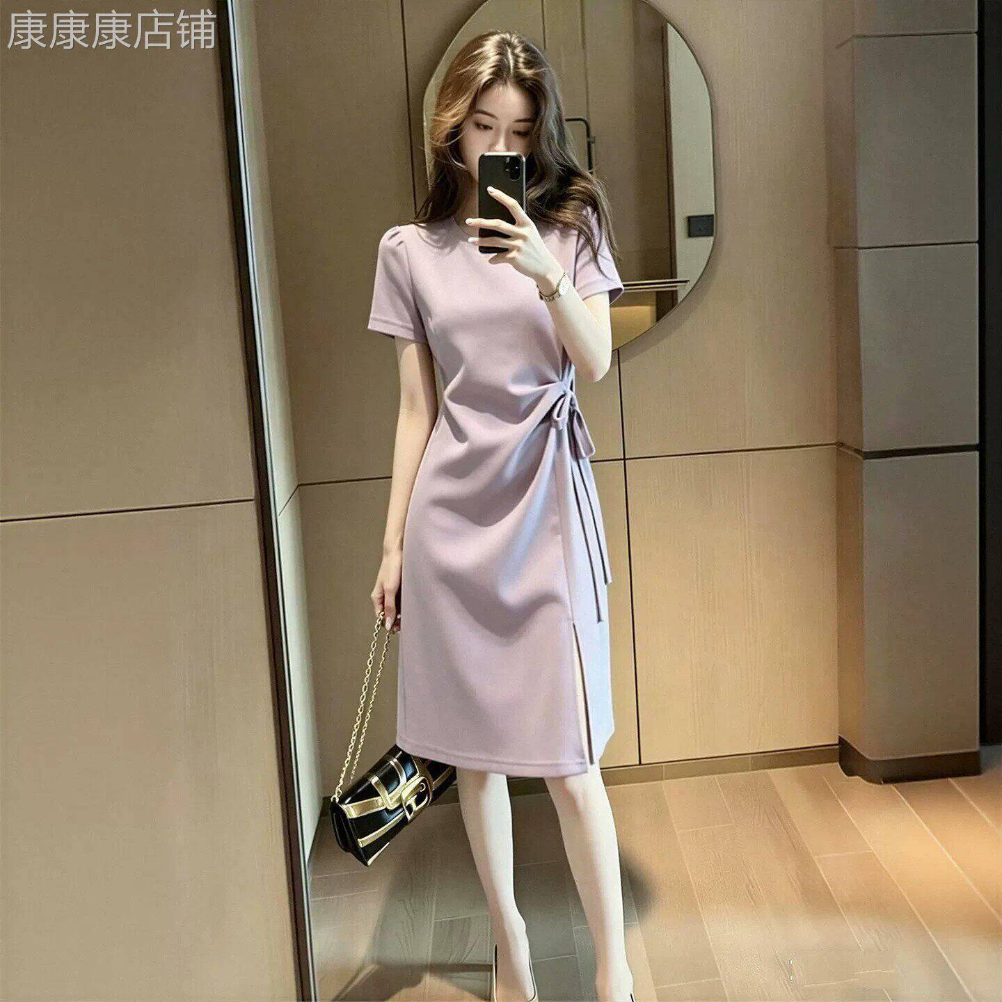 法式短袖t恤洋装女夏休闲高级感系带收腰时尚气质显瘦开叉裙子