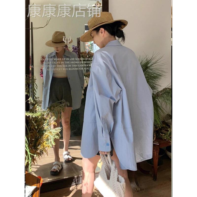 蓝色翻领长袖女式春秋季欧洲站新款宽松慵懒风格百搭休闲中长衬衫