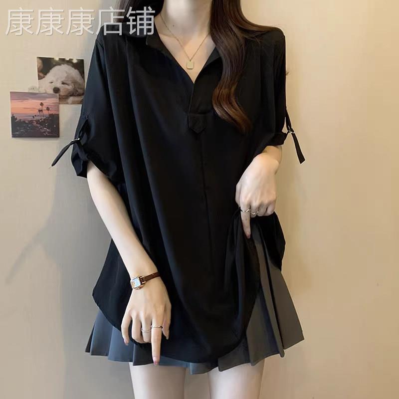 雪纺衬衫女短袖夏季薄款2026新款宽松大尺码中长版休闲V领衬衫上