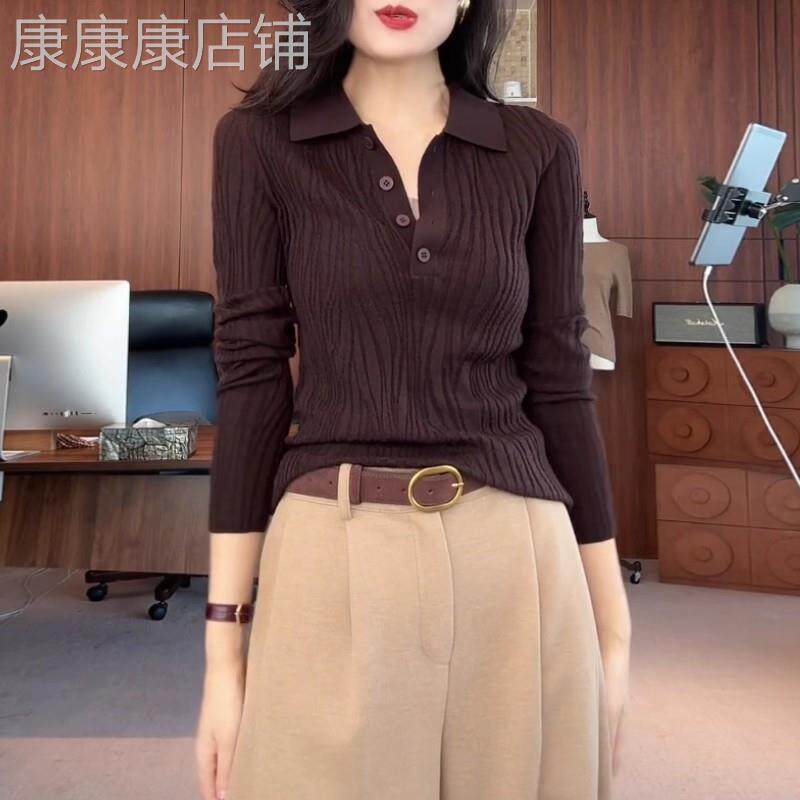韩国设计感polo领长袖针织衫女2026秋冬新款大码修身显瘦打底上衣