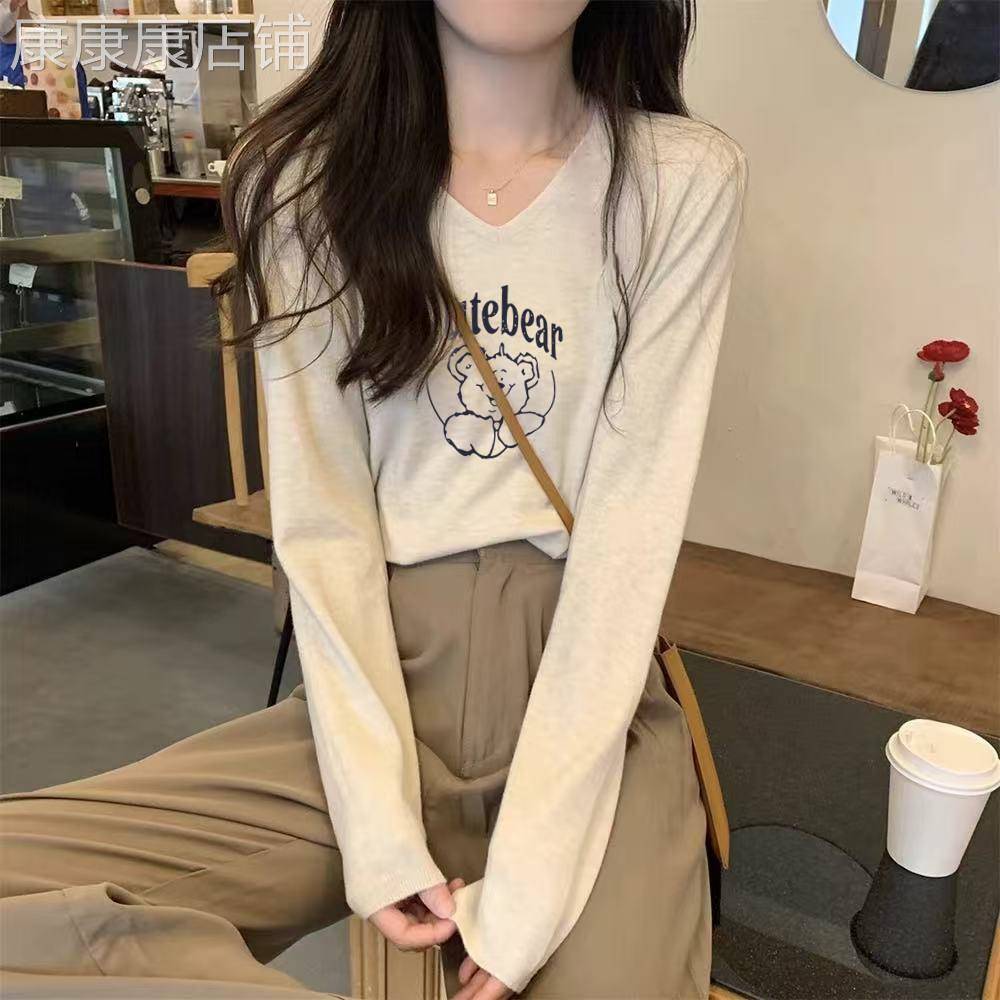 花灰色纯棉V领宽松打底上衣女2026早秋简约显瘦高级感百搭长袖T恤