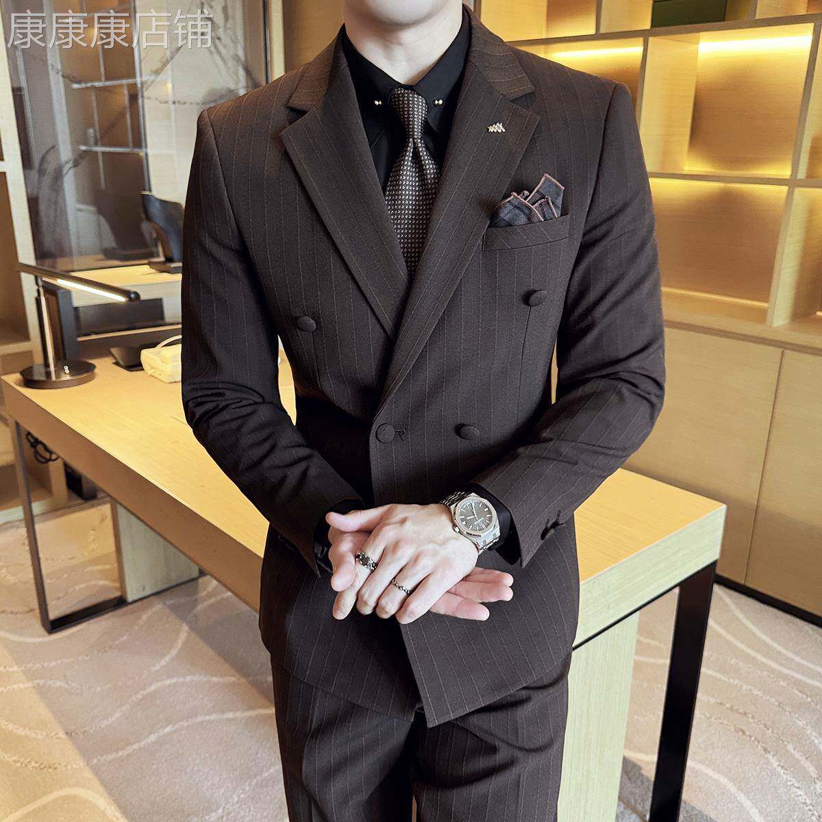 高端双排扣条纹西装套装男高级感新郎结婚韩版修身商务西服三件套