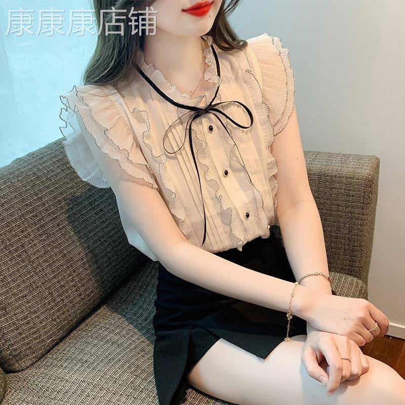 法式超仙蝴蝶结系带雪纺衬衫女夏装设计感小众减龄飞飞袖洋气小衫