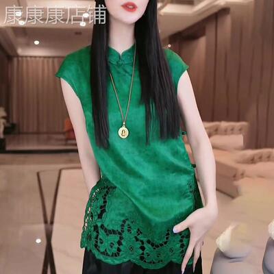 高级镂空拼接绿色无袖女2025年夏季新款缎面重工洋气新中式上衣