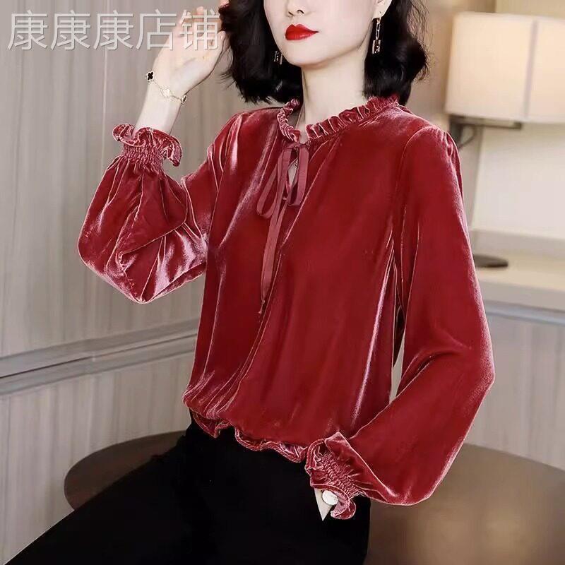 金丝绒衬衫女2026新款春秋季时尚洋气时髦大码长袖打底衫内搭上衣