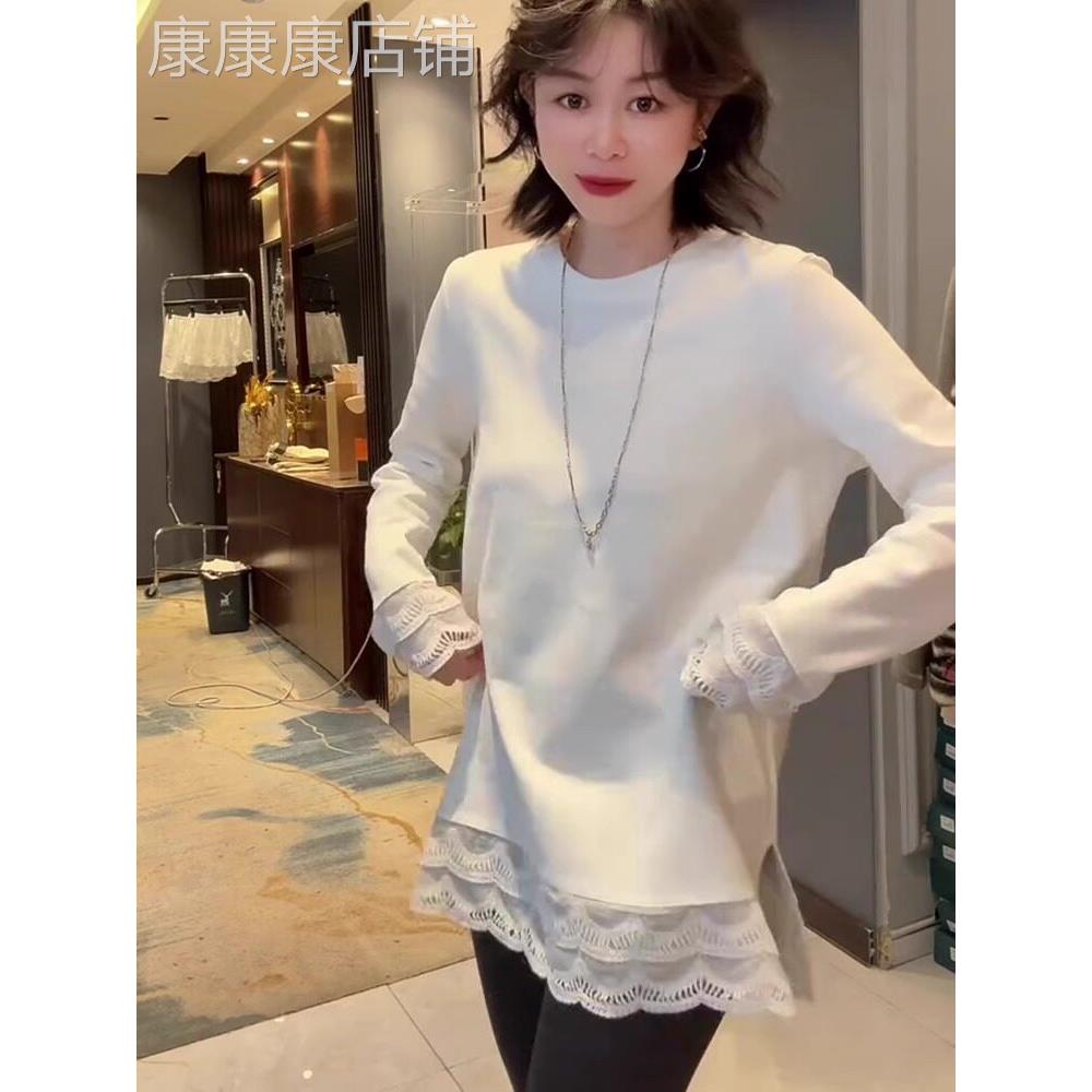 欧货白色蕾丝边打底衫女春季宽松内搭纯棉磨毛长袖t恤中长款上衣