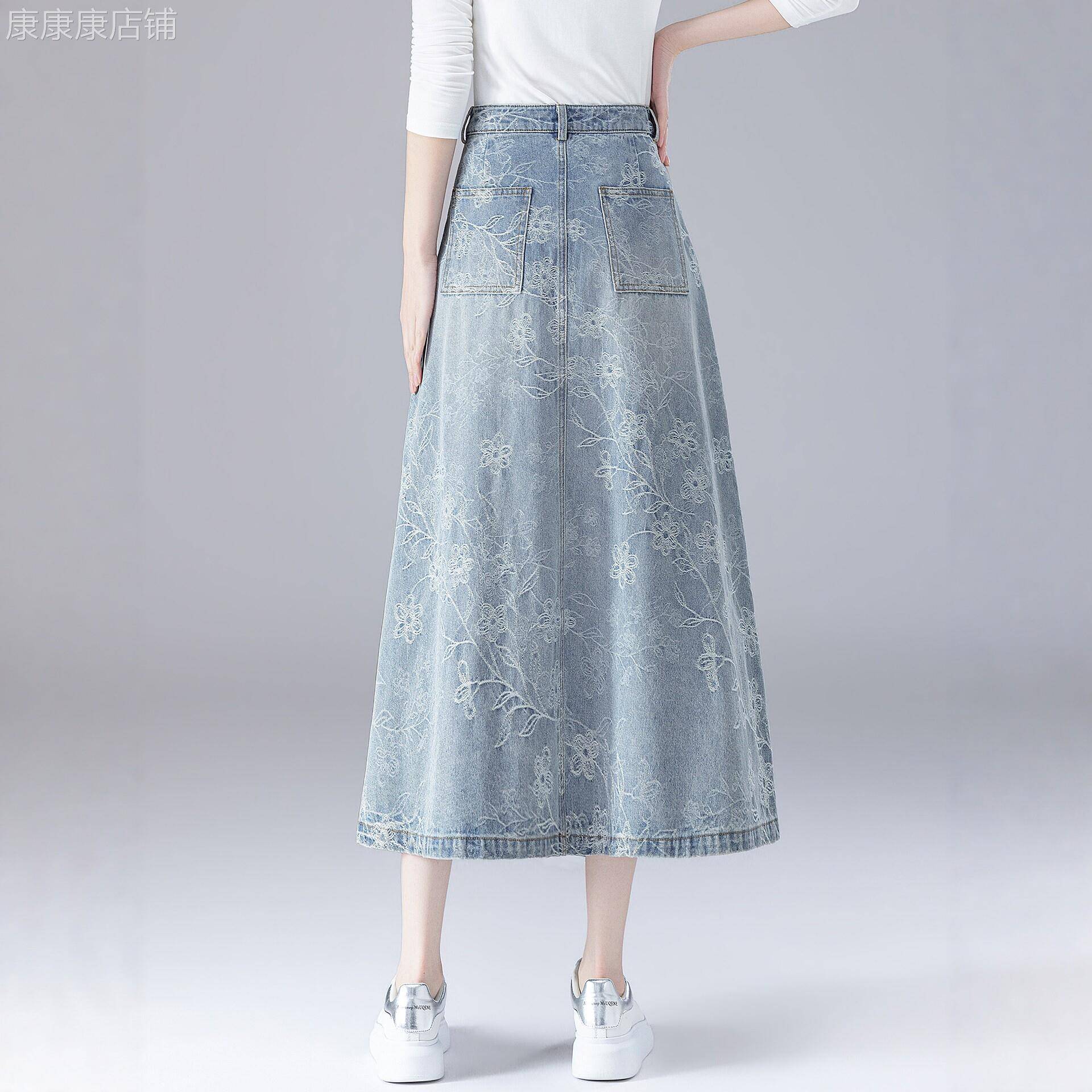 国风提花刺绣牛仔半身裙2026女春秋夏新款中长显瘦包臀大摆百褶裙