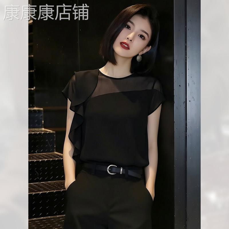 荷叶边拼接不规则黑色无袖T恤女夏季2026年新款轻薄上衣显瘦雪纺