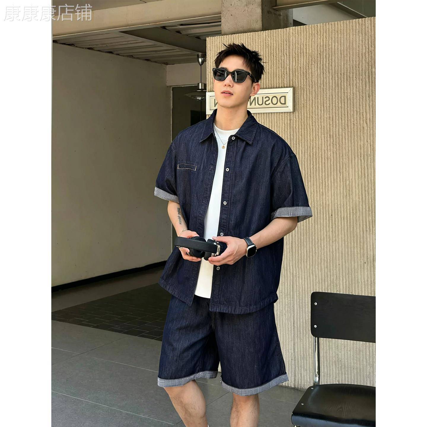韩国Uamtor套装男夏季新款牛仔短袖衬衫日系复古宽松百搭短裤潮流