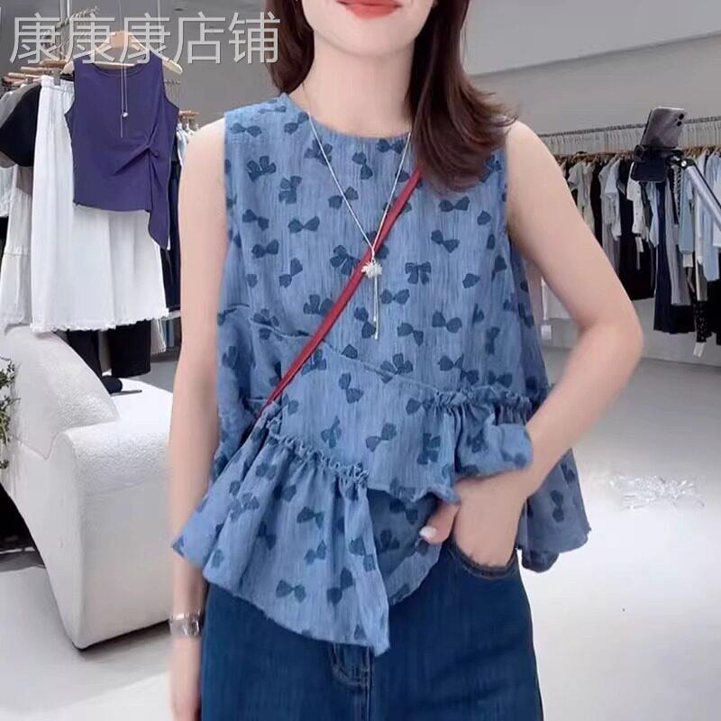 衬衫女夏薄款2026新款高级感轻奢减龄洋气圆领无袖背心印花上衣女