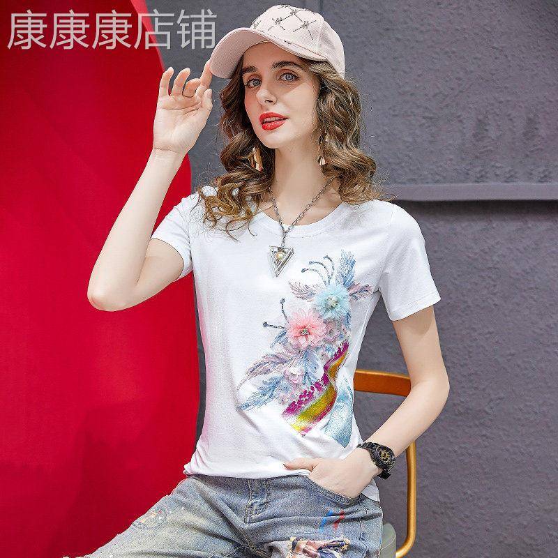 韩国白色短袖T恤女新款夏季女装修身百搭T恤女立体花朵别致上衣