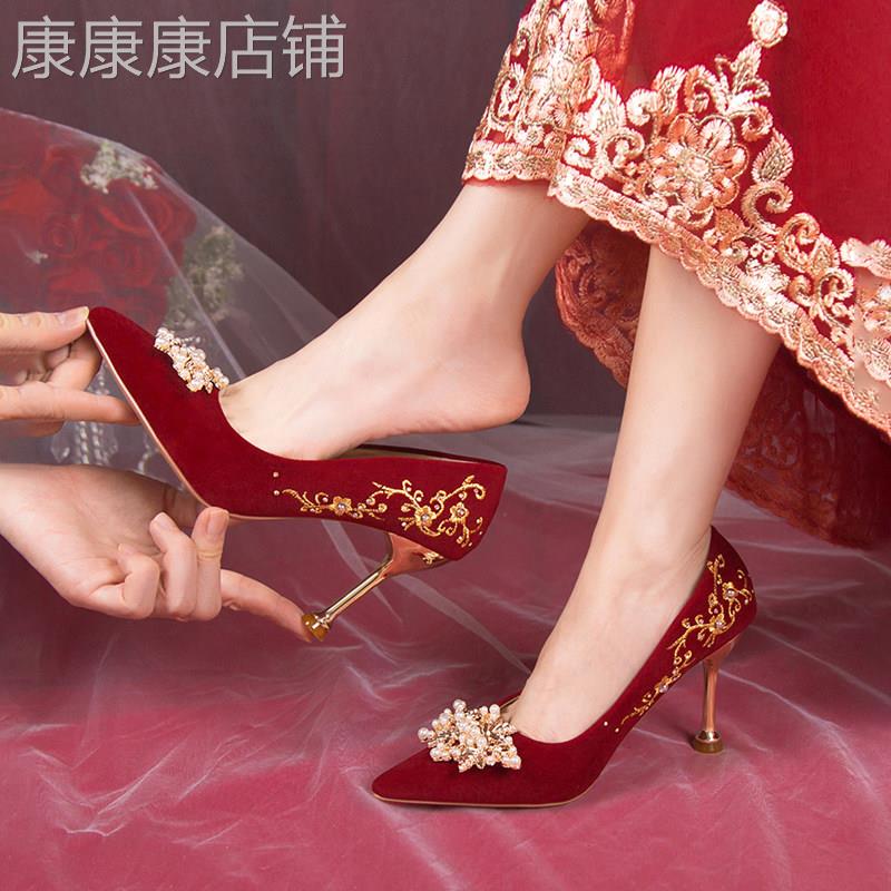 婚鞋女新娘鞋不累脚结婚鞋中式禾秀婚纱两穿红色高跟鞋小众高级感
