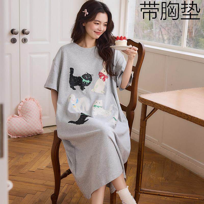 纯棉睡裙女夏季带胸垫短袖可爱卡通中长版睡衣夏天可外穿家居服