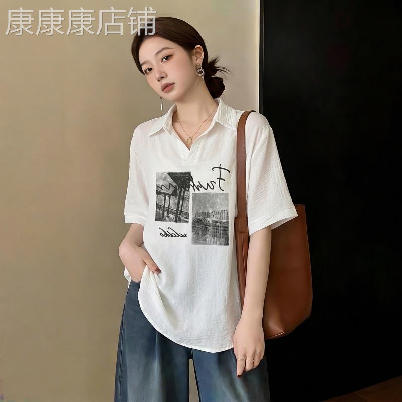 欧货V领正肩短袖衬衫女2026夏季新款大尺码胖mm宽松显瘦中长版上