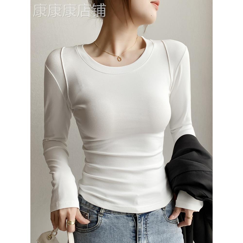 纯棉修身打底衫女2025秋冬新款正肩长袖T恤圆领洋气内搭保暖上衣