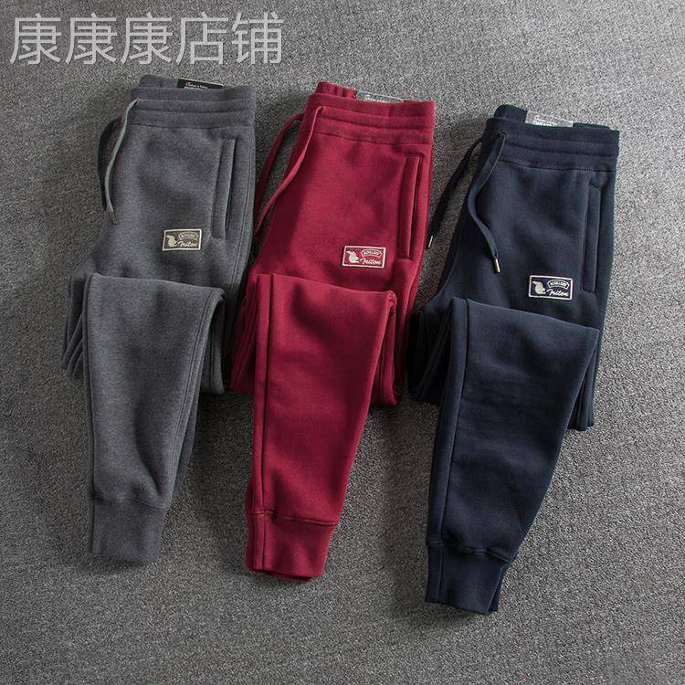 代购香港潮男秋冬余文乐刺绣加绒保暖修身束脚裤男士运动休闲卫裤