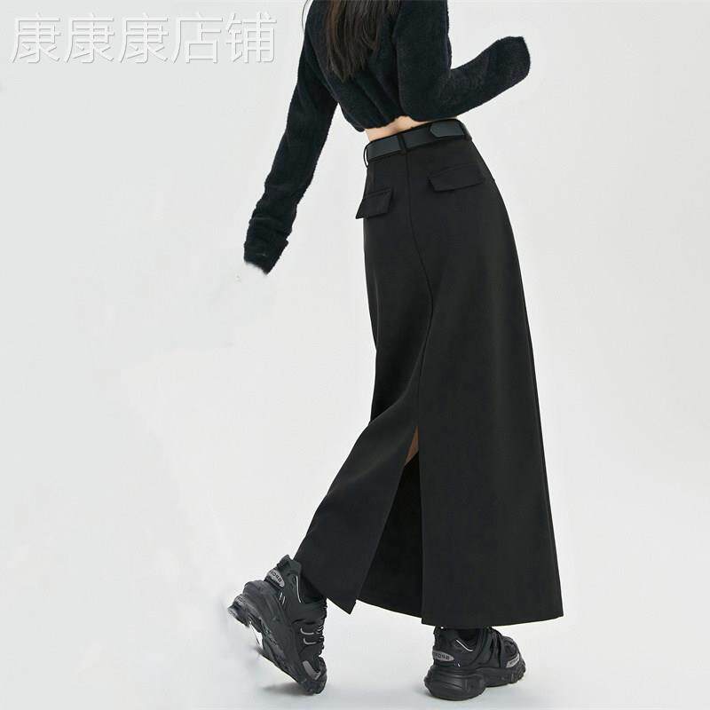 高端西装半身裙女秋季新款直筒包臀一步裙后开叉A字中长毛呢裙子