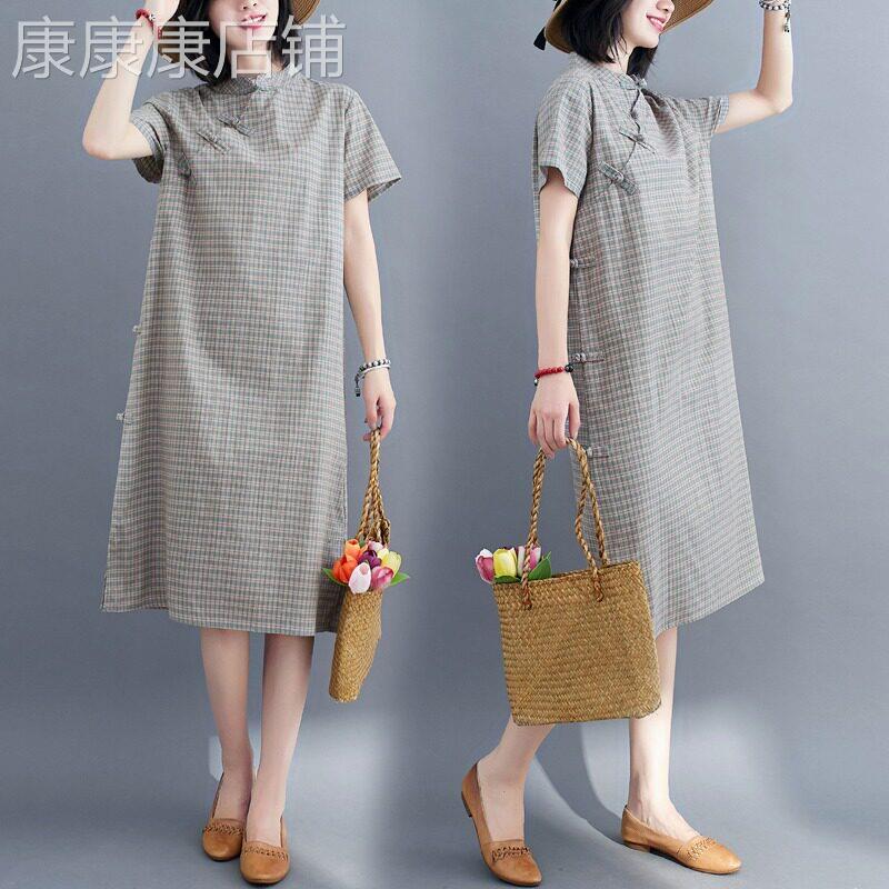 休闲格子短袖连衣裙女夏季新款复古斜襟盘扣中长款中式改良旗袍裙
