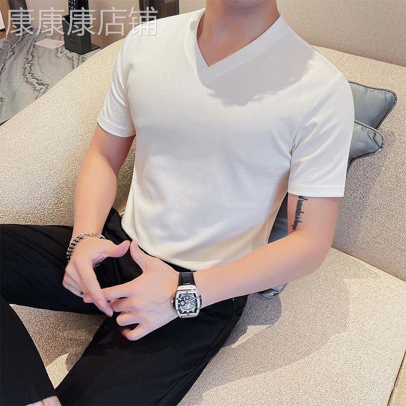 夏季冰丝短袖T恤男白色滑料V领半袖潮流修身薄款V领纯色内搭衣