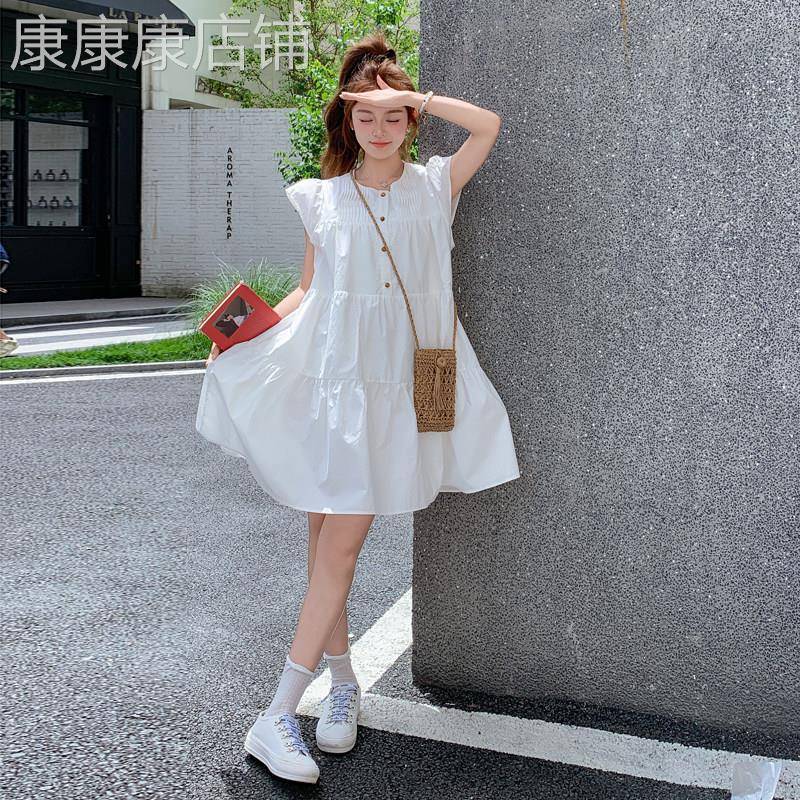 白色小飞袖连衣裙2026夏季新款法式少女感甜美减龄娃娃短裙小个子